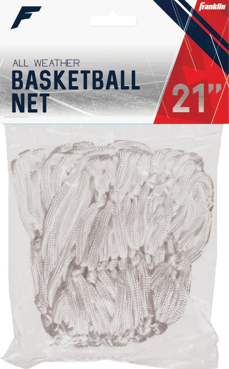 White all-weather basketball net designed for outdoor use with durable braided polyester material for sports use
