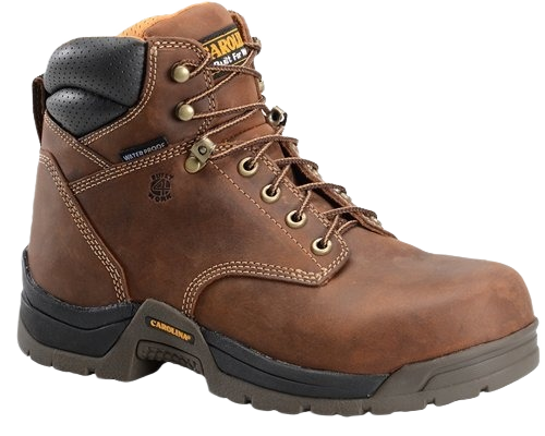 Dark brown waterproof broad toe work boot with cushioned collar and durable rubber outsole for tough environments