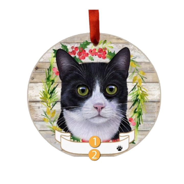 Round ceramic ornament with a black and white cat face and festive wreath from Christmas decorations under $50 collection