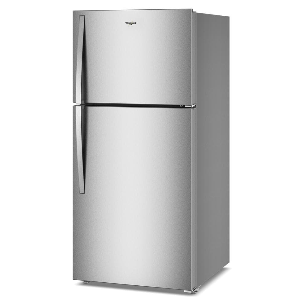 Stainless steel top freezer refrigerator featuring sleek doors and curved handles in appliances and kitchenware collection