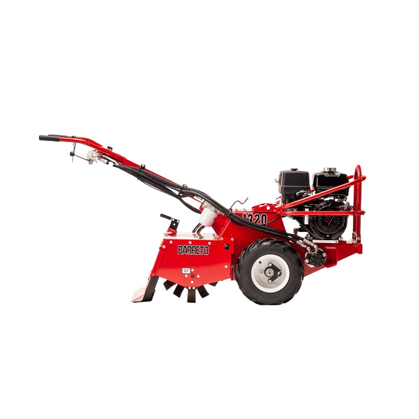 Red Barreto rear tine tiller with hydraulic controls and sturdy frame, designed for soil preparation in rental equipment at Hartville Hardware.