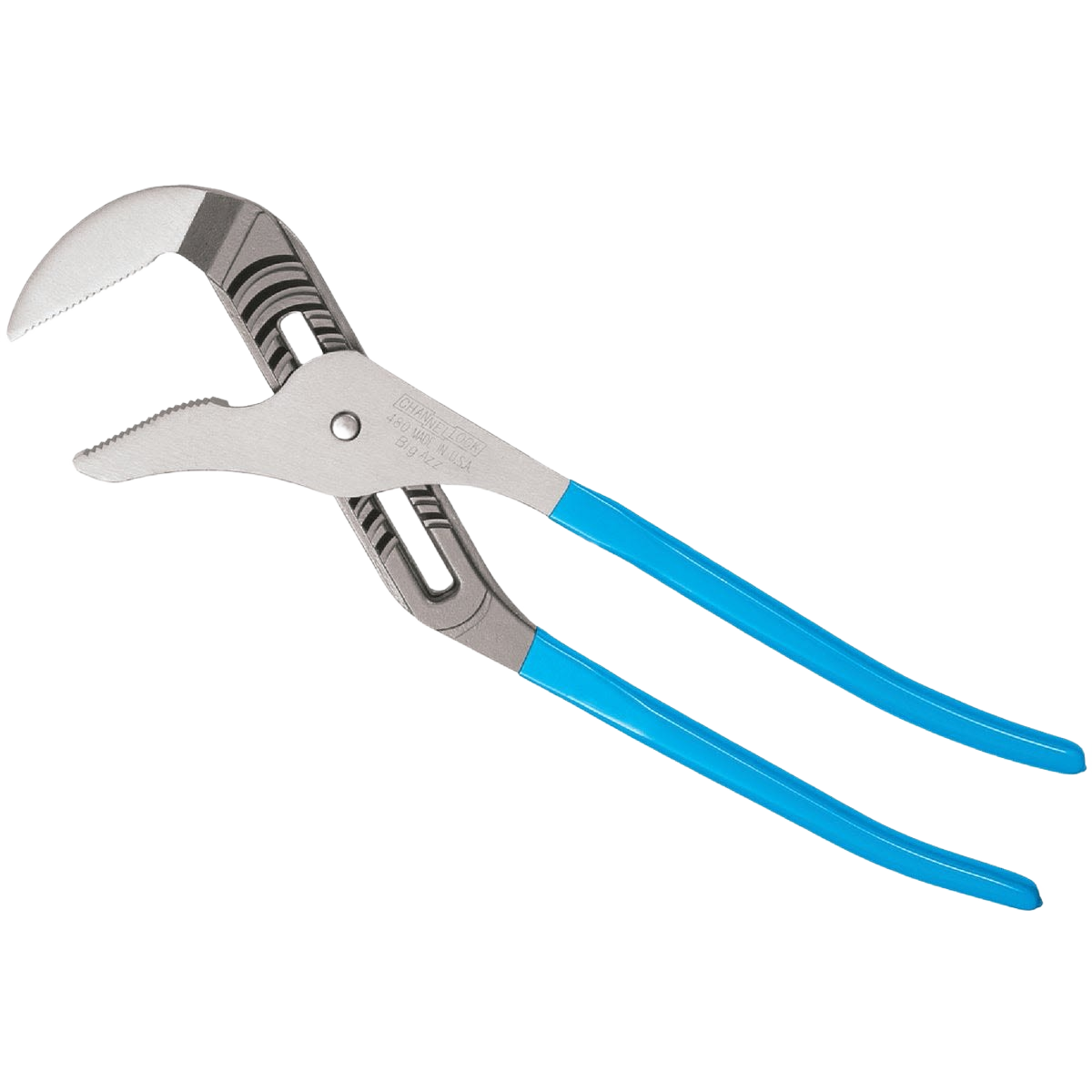 Metal groove joint pliers with straight jaws and blue rubber handles for home improvement tasks