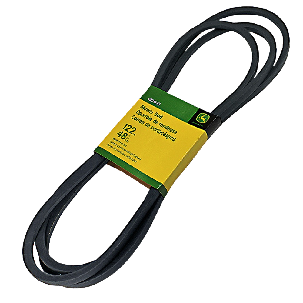 Black mower belt with green and yellow John Deere branded packaging for outdoor power equipment maintenance