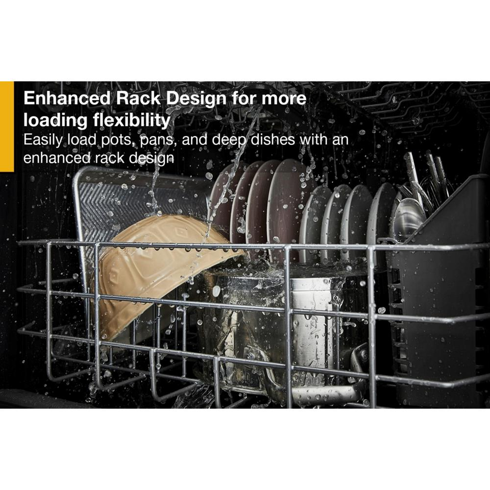 Close-up of a dishwasher rack loaded with plates and cookware featuring an enhanced design for flexible loading in kitchen appliances collection