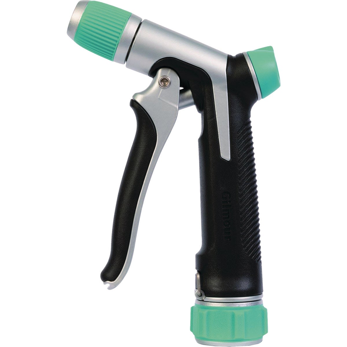 Black and green stainless steel pistol nozzle with adjustable spray head for lawn and garden watering tasks