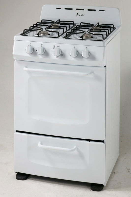 White freestanding 24-inch gas range with four burners and control knobs in kitchen and appliances collections
