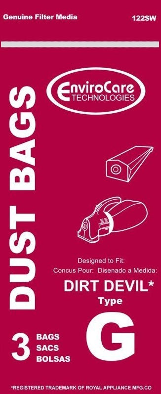Red packaging of EnviroCare Technologies dust bags for Dirt Devil Type G hand vacuum, showing product fit and quantity details