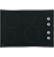 Black electric cooktop with four burners and knob controls, part of kitchen appliances and cooktops collection.