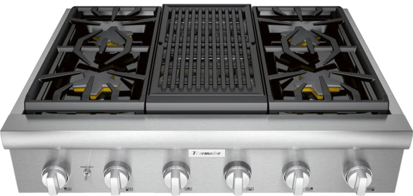 36-inch stainless steel gas rangetop with patented Star Burner and central cast iron griddle from Cooktops collection