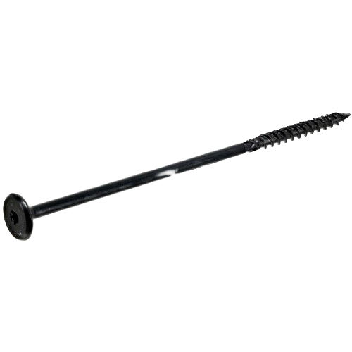 Long black coated screw with flat head and coarse threading designed for tools and home improvement tasks