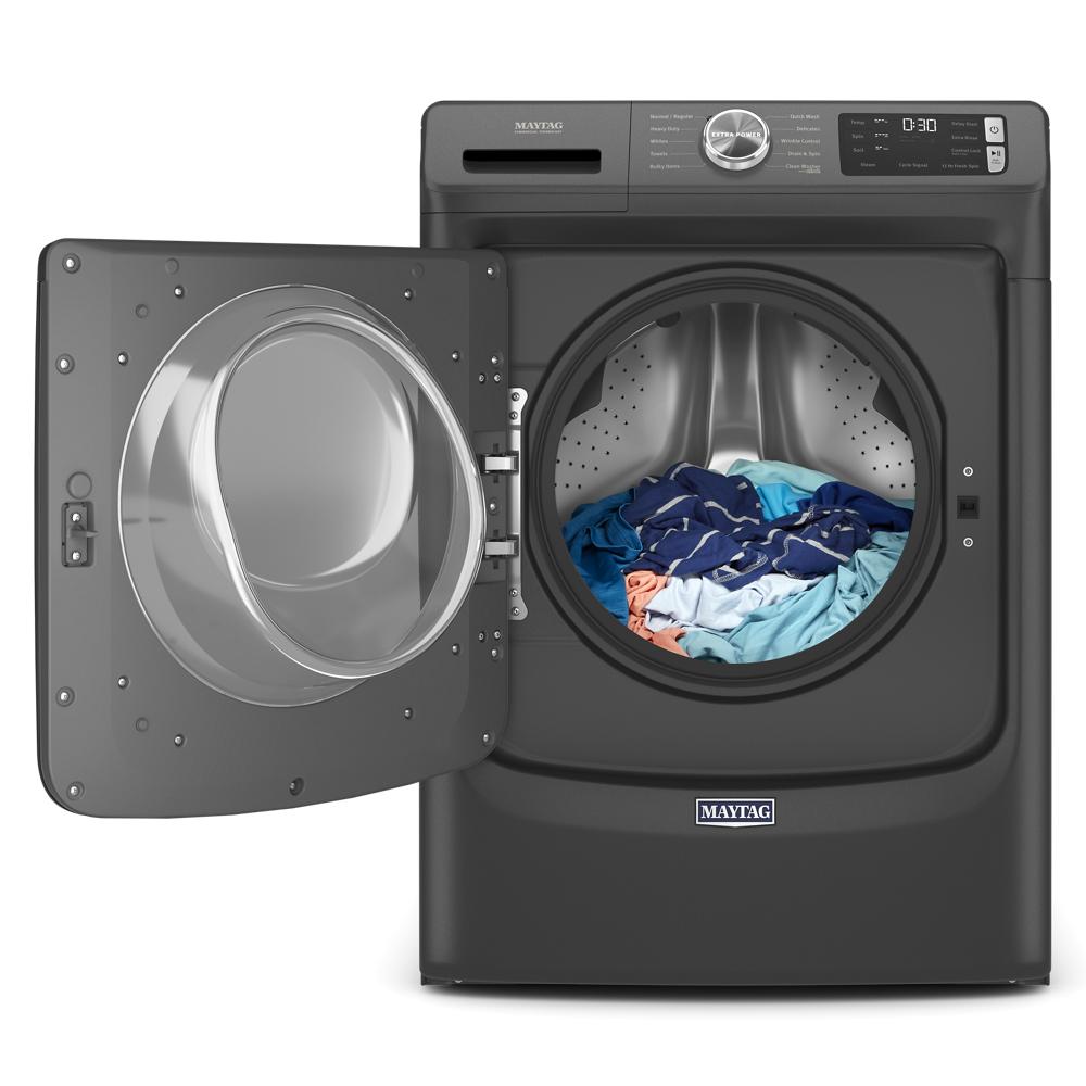 Matte black front load washer with open door showing colorful clothes, part of front load washers and appliances collections