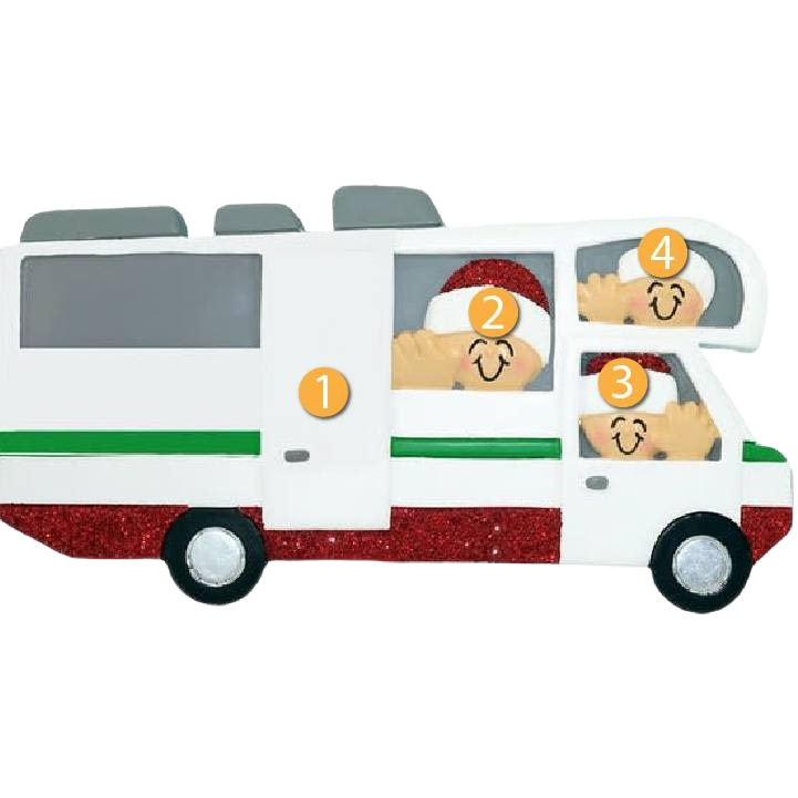 Personalized RV ornament with a family of three wearing Santa hats for Christmas tree decoration under $50 collection