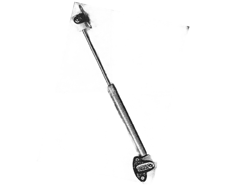 Silver pneumatic gas spring stay for furniture lids providing smooth, silent movement, in hardware and home improvement tools.