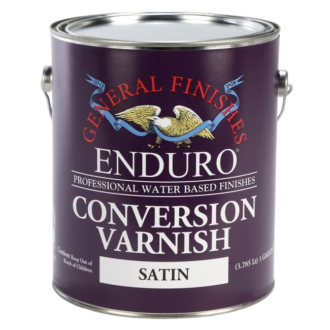 General Finishes Enduro satin conversion varnish in one-gallon can for staining, sealing, and finishing wood projects