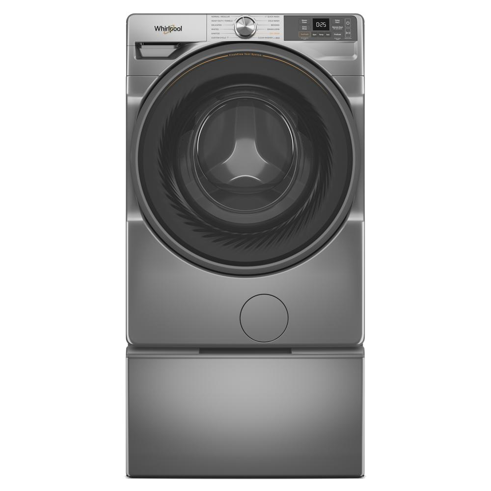 Front load washer in metallic finish with pedestal base for added storage and raised loading height.