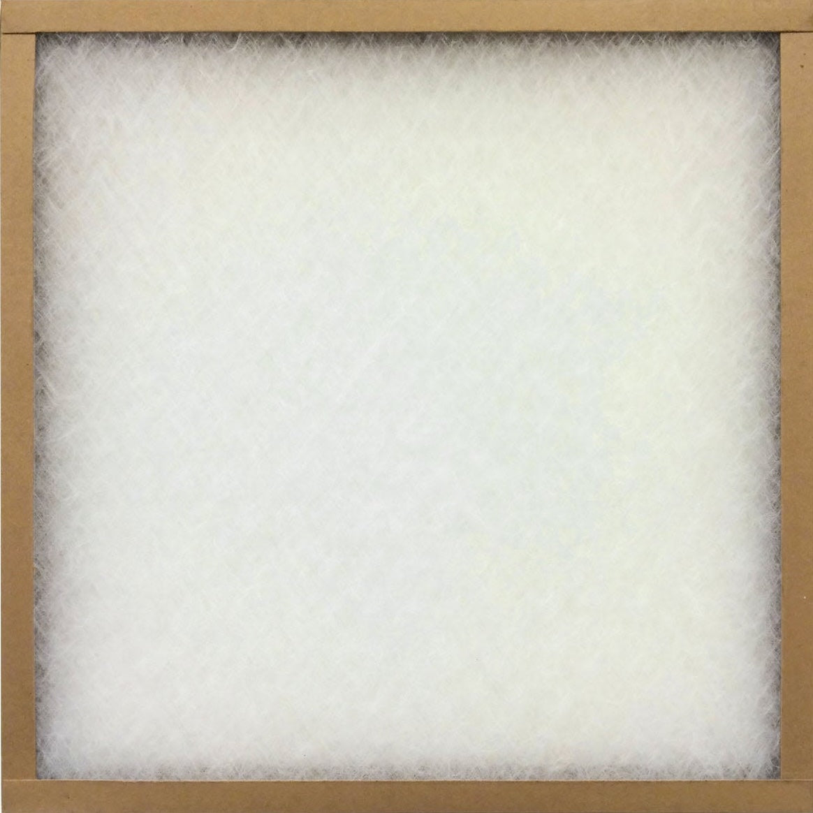 Square furnace air filter with brown cardboard frame and white fibrous filtering material for HVAC systems