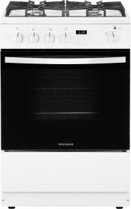 white freestanding gas range with front controls, four burners, digital display, and oven window in kitchen appliances collection