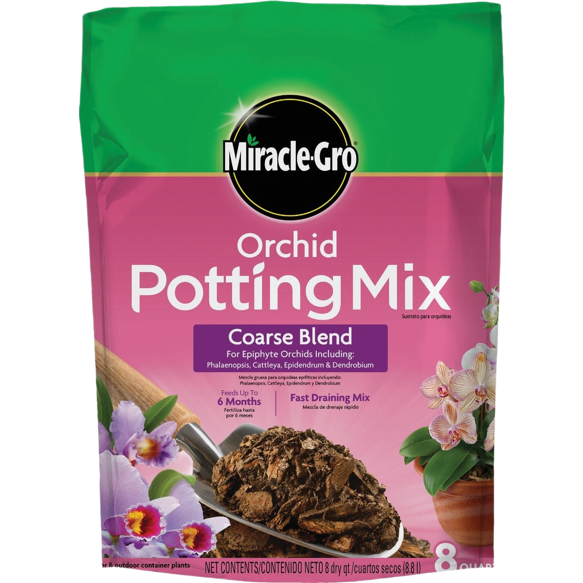 Green and purple packaging of coarse blend orchid potting mix with orchid flowers and soil scoop for home improvement gardening