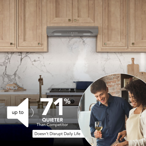 under cabinet range hood in stainless steel with quiet operation and three-speed fan control for kitchen ventilation