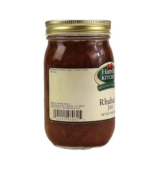 Glass jar of Hartville Kitchen rhubarb jam with gold lid and ingredients label in jams and jellies collection