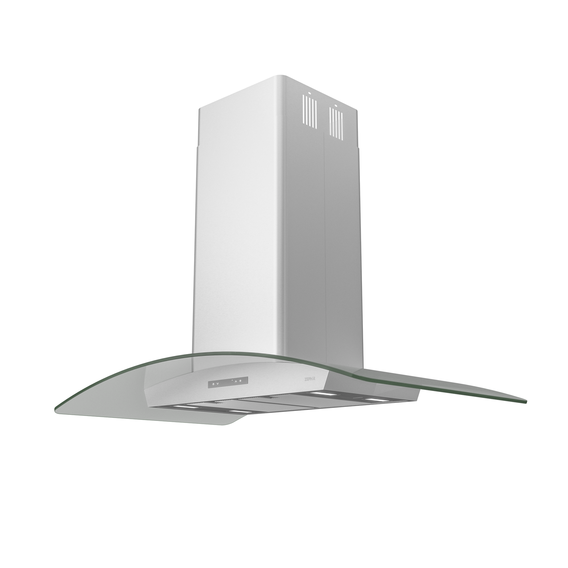 Stainless steel island range hood with curved glass canopy and multi-speed touch controls for kitchen ventilation