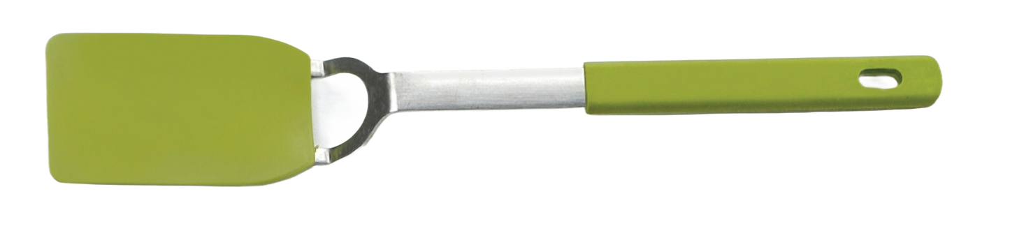 Small green nylon spatula with flexible head and metal handle for kitchen utensils and cooking gadgets collections