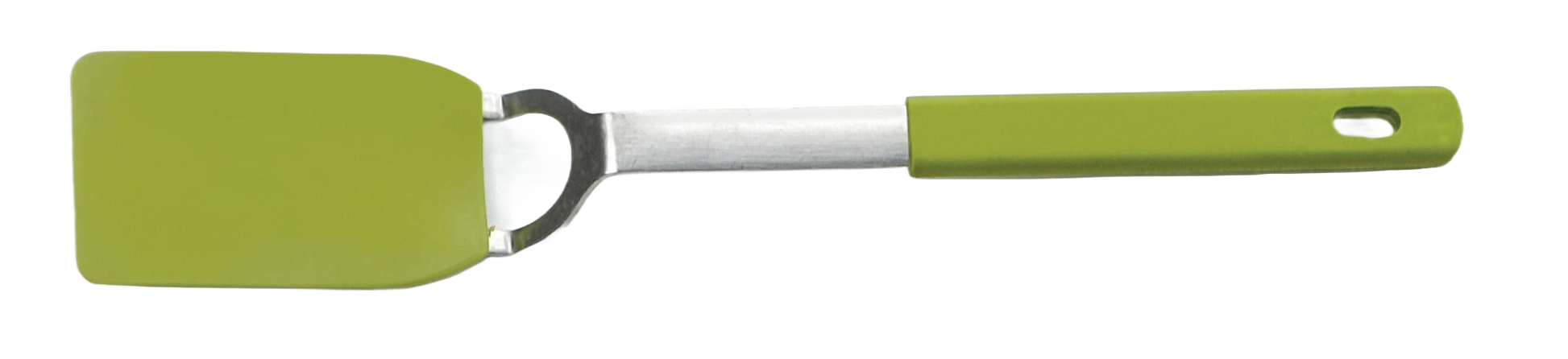 Small green nylon spatula with flexible head and metal handle for kitchen utensils and cooking gadgets collections