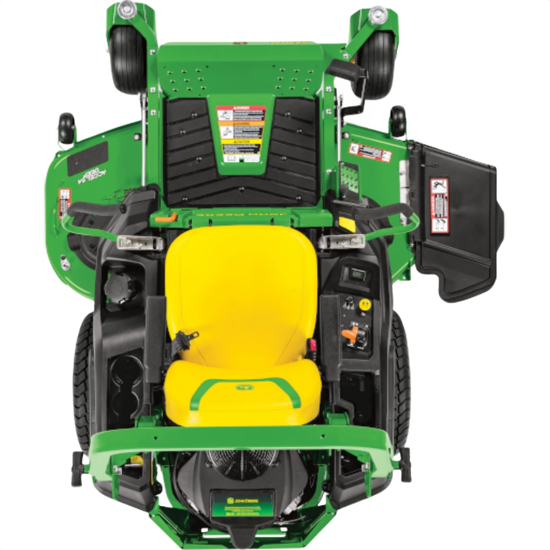 Top view of green John Deere ZTrak mower featuring yellow seat and 60-inch cutting deck for lawn maintenance tasks
