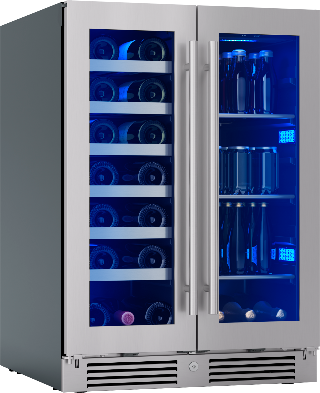 French door beverage center with dual temperature zones, stainless steel frame, glass panels, and blue interior lighting