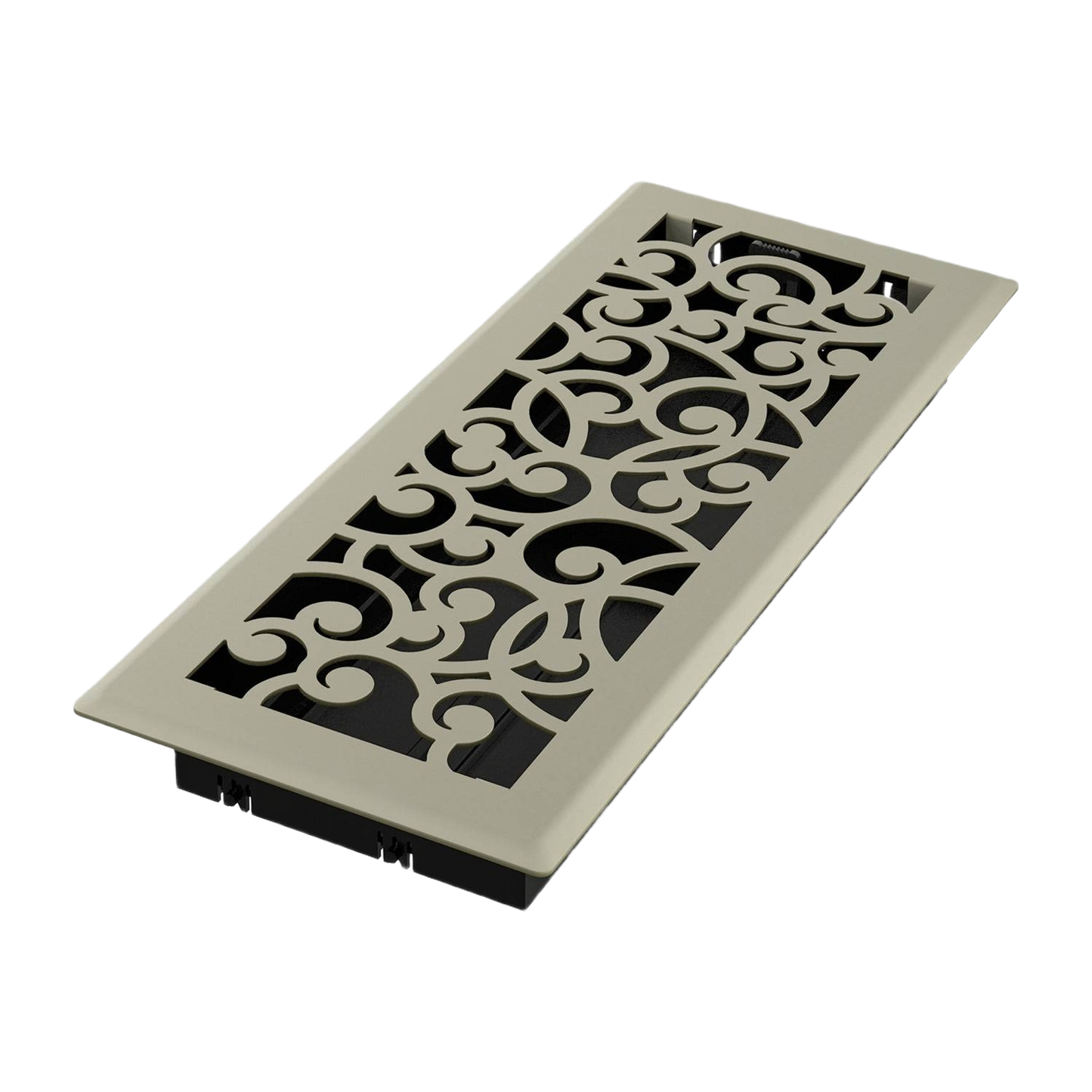 Satin nickel floor register with elegant scroll design for ventilation and home improvement projects