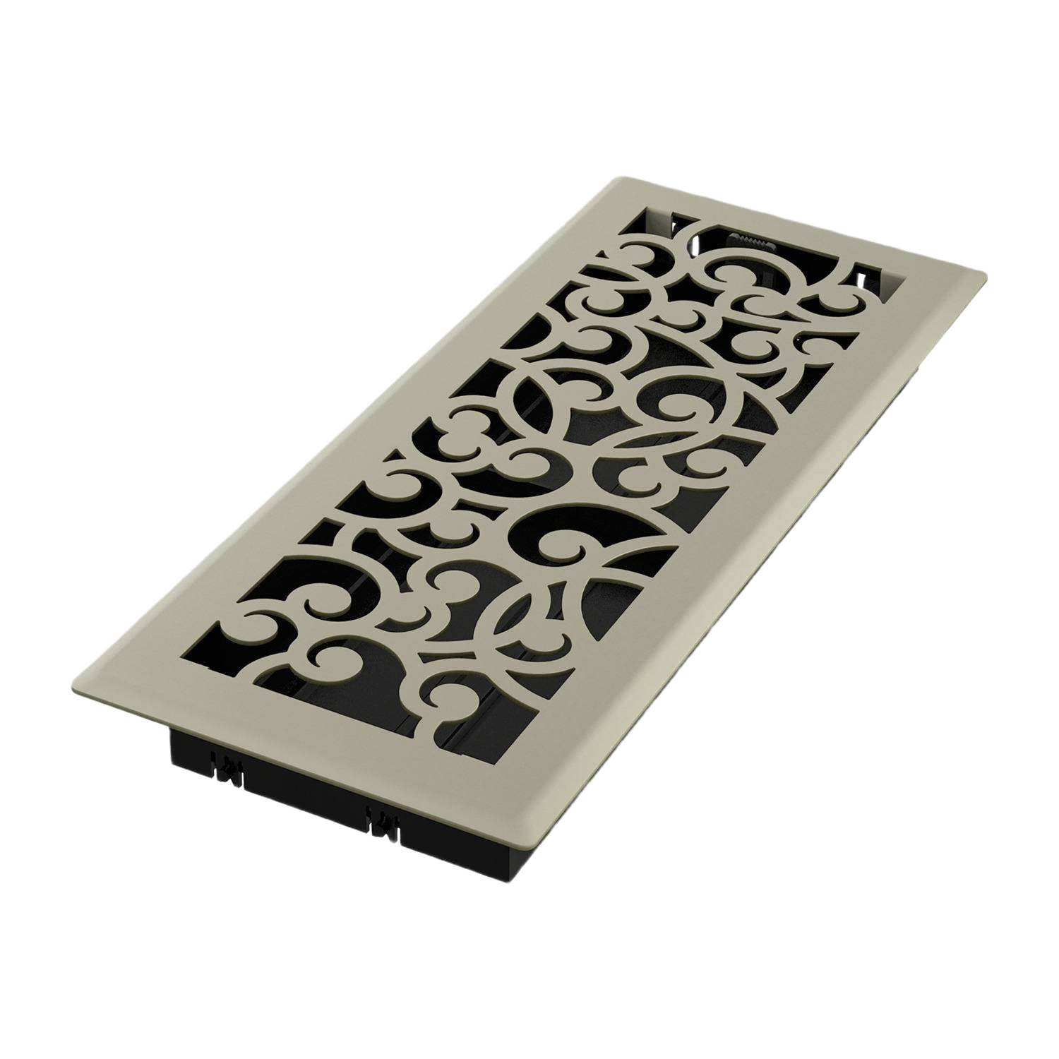 Satin nickel floor register with elegant scroll design for ventilation and home improvement projects