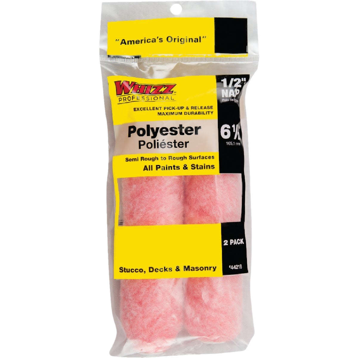 Two pink polyester knit fabric roller covers designed for paint and stain application in home improvement projects