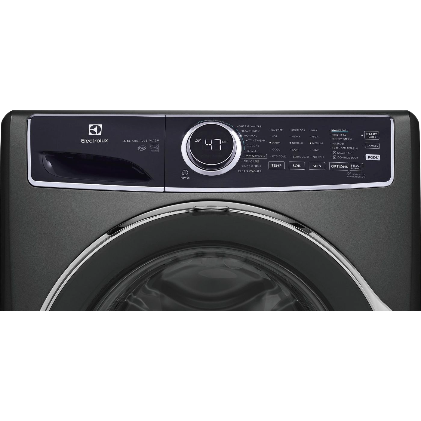Dark gray front load washer control panel with digital display and multiple cycle options in modern appliance collection