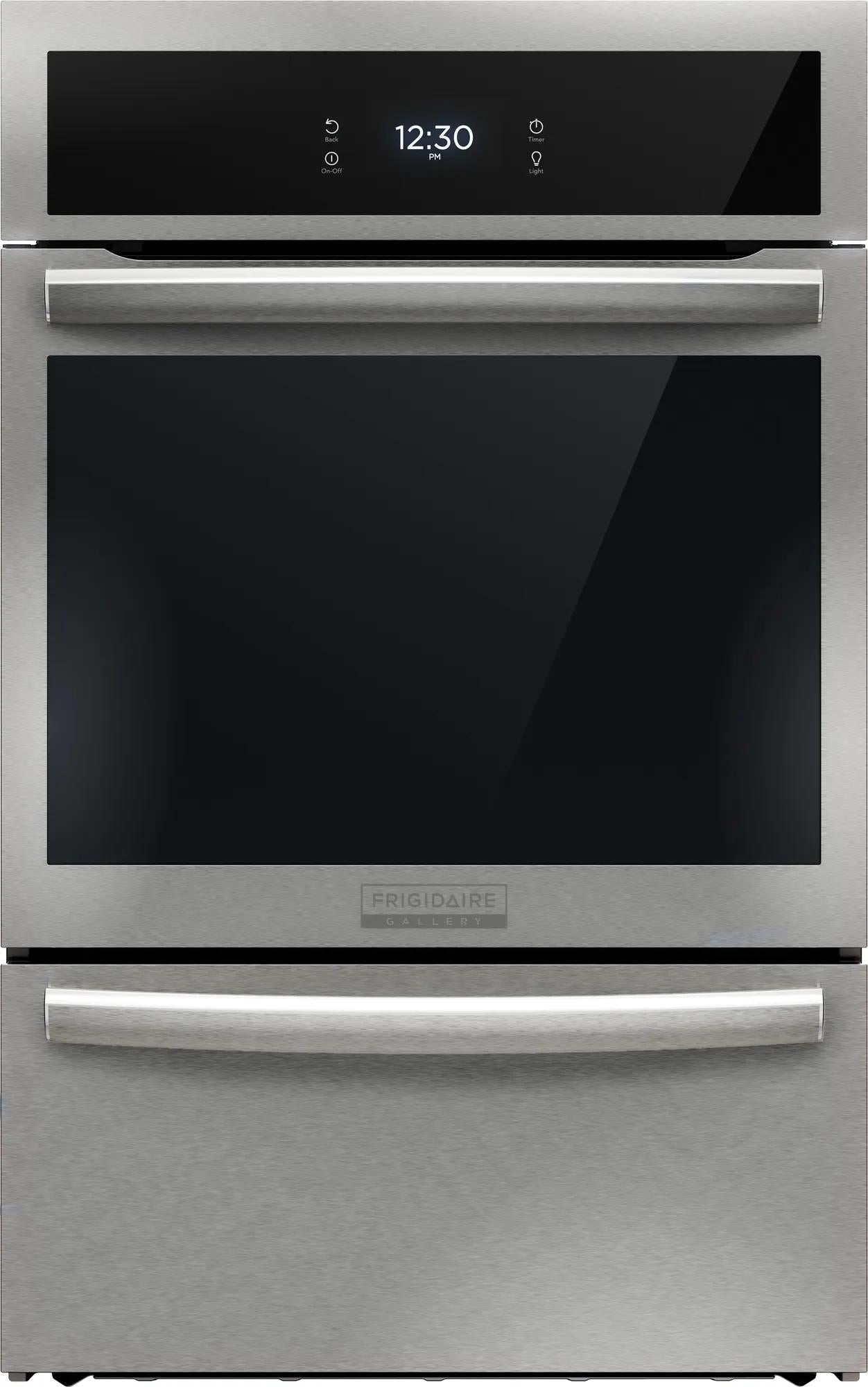 Stainless steel single gas wall oven with digital display, dual handles, and sleek black glass door from Wall Ovens collection