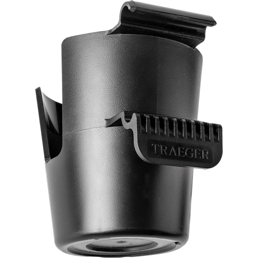 Black plastic cup holder with secure locking clip designed for outdoor grilling and Traeger grill accessories.