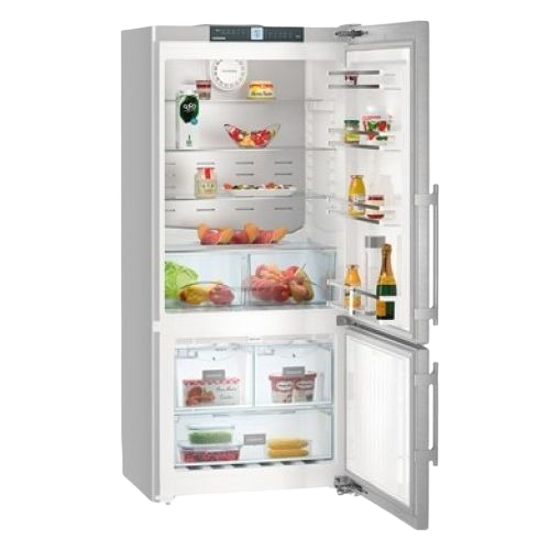 Interior view of open fridge-freezer with adjustable shelves and clear storage bins in Appliances at Hartville Hardware