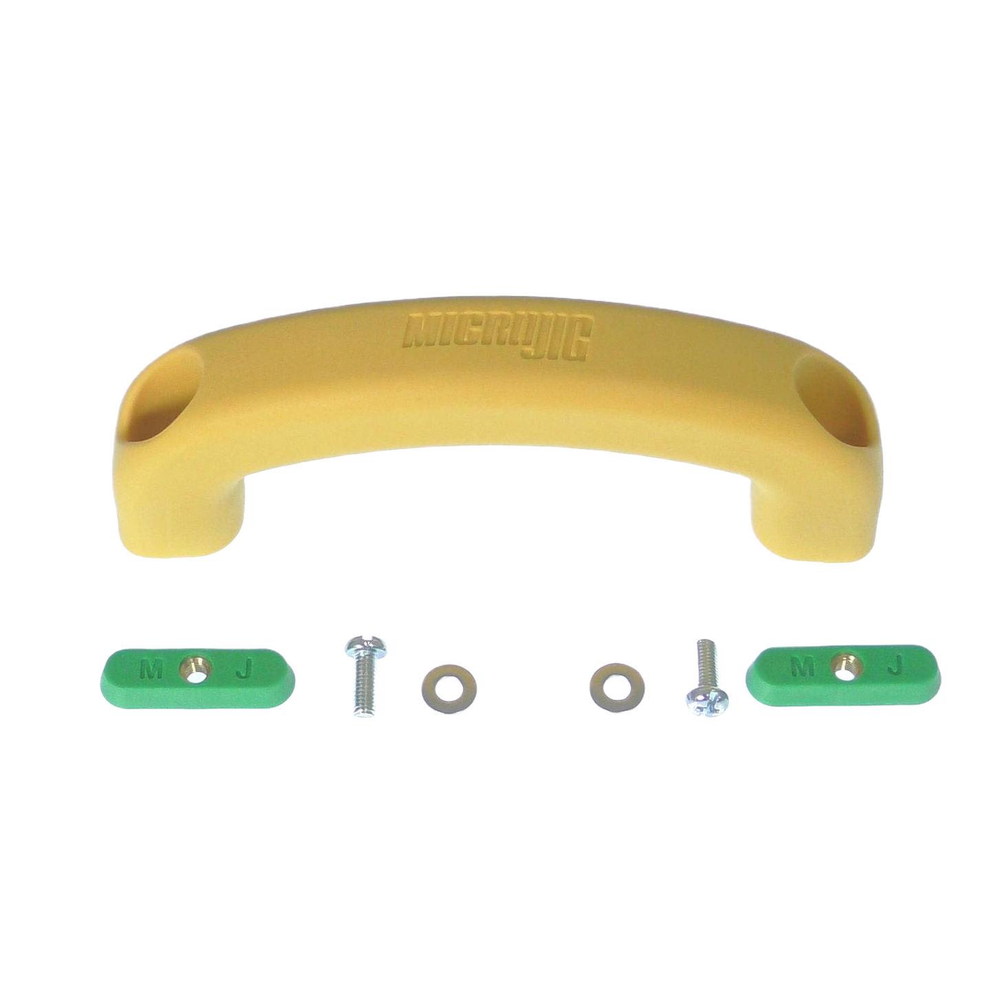 Curved beige Microjig handle with green mounting plates and metal screws for tools and home improvement use