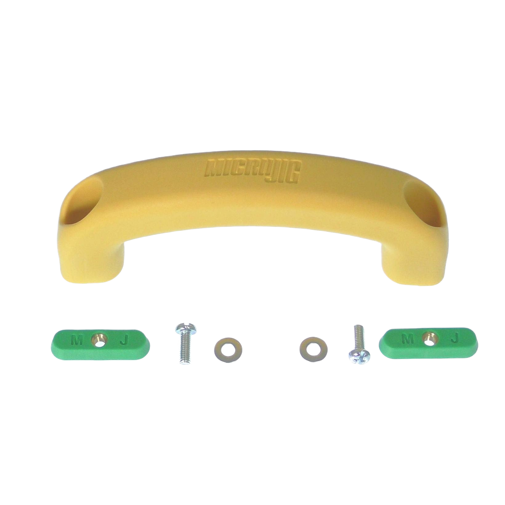 Curved beige Microjig handle with green mounting plates and metal screws for tools and home improvement use