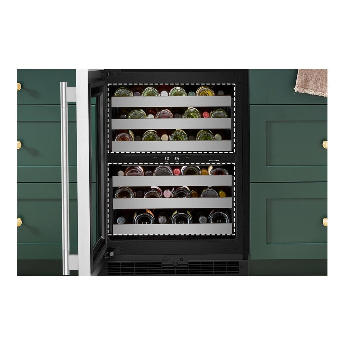 24-Inch Undercounter Wine Cellar with Left Door Swing and 46-Bottle Capacity with Full-Extension Metal-Front Racks in Stainless Steel