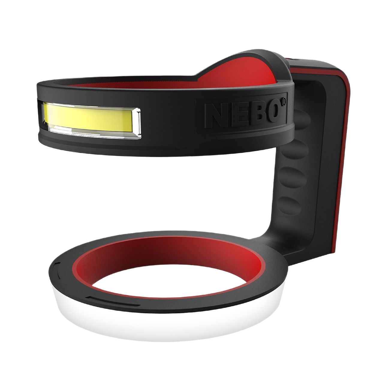 Black and red rubberized tumbler handle with LED light, designed for easy carrying in hand tools and woodworking tools collections