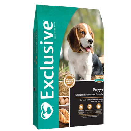 Bag of Exclusive brand dry puppy food with chicken and brown rice for growth and development in pet food collection