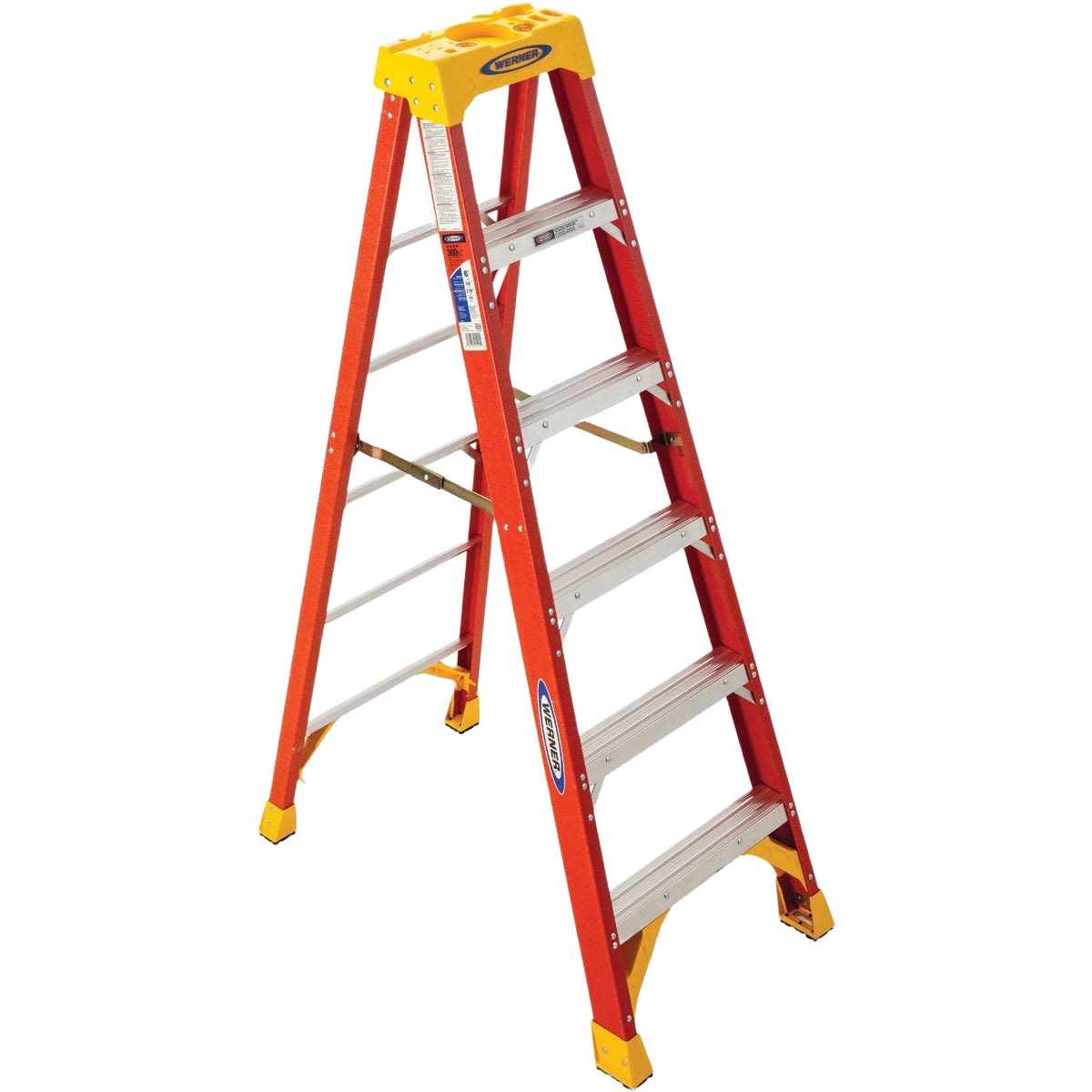Six-foot fiberglass step ladder with bright orange rails, silver steps, and yellow safety caps for home improvement tasks
