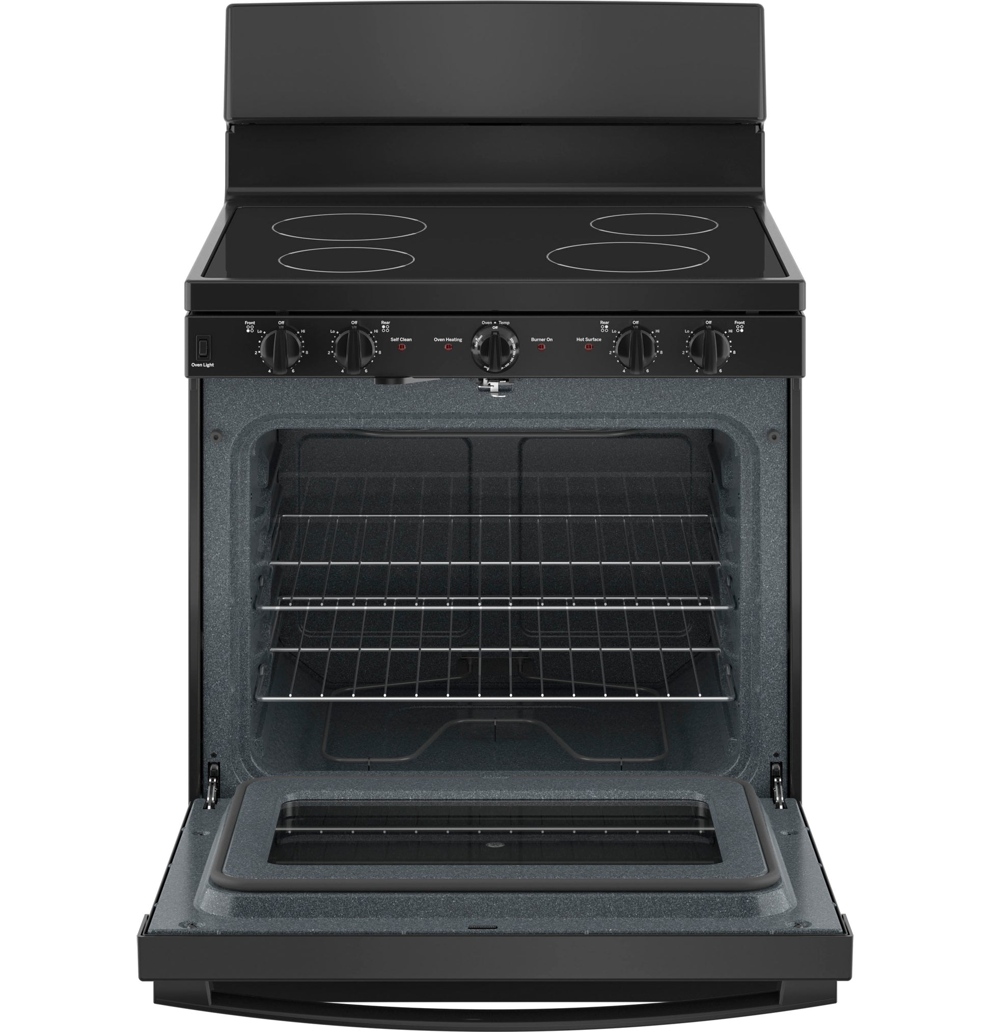 Black free-standing electric radiant smooth cooktop range with open oven door in Ranges and Appliances collections