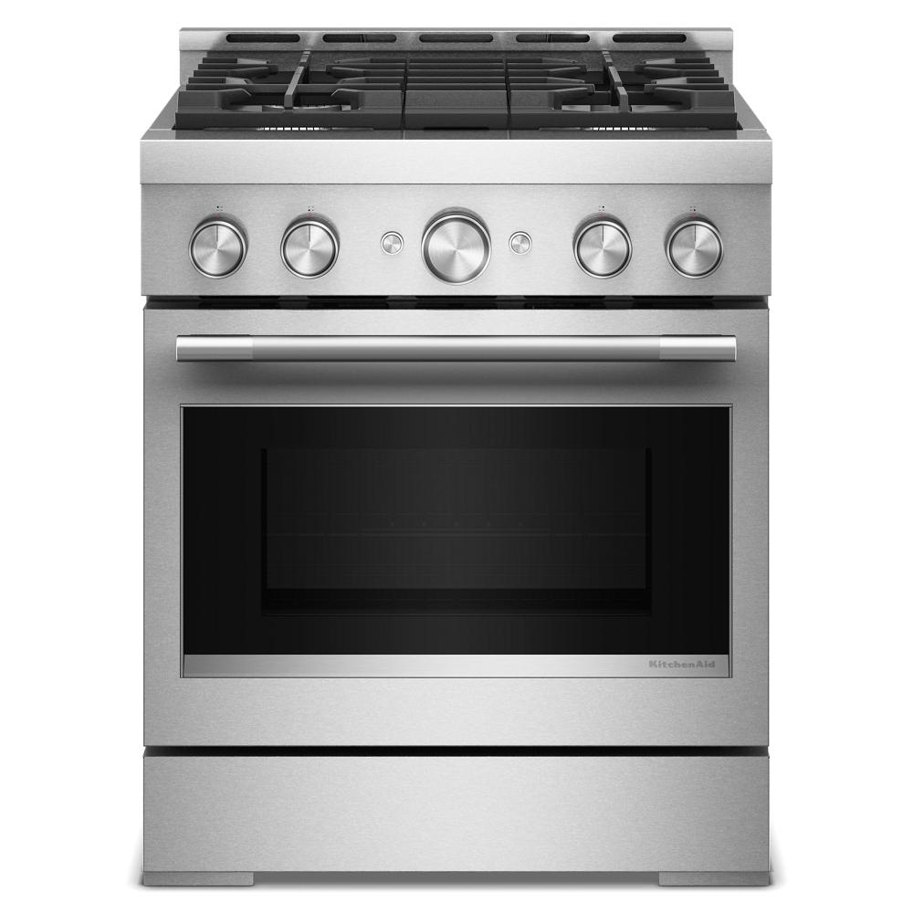 Stainless steel 30-inch gas range with four burners and commercial-style control knobs in Ranges and Appliances collections