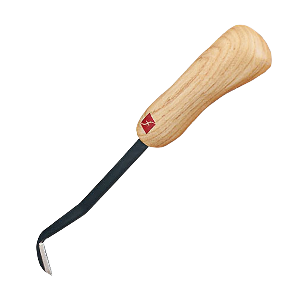 Small woodworking draw knife with wooden handle and flexible curved blade for precision carving tasks