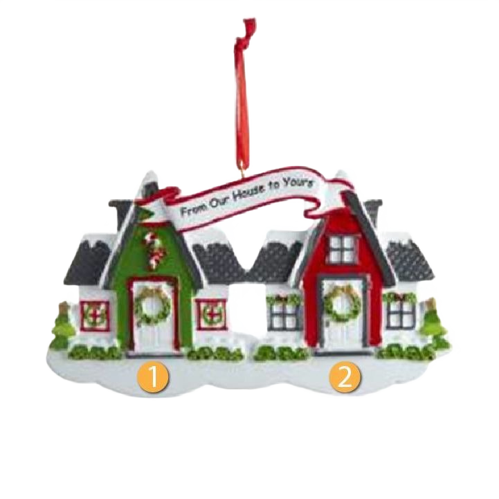 Festive red and green house ornament with glittered wreaths and snowy roof for Christmas tree decor under $50