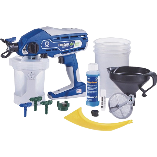 Blue and white handheld dual speed airless paint sprayer kit with cleaning tools and paint preparation accessories for home improvement