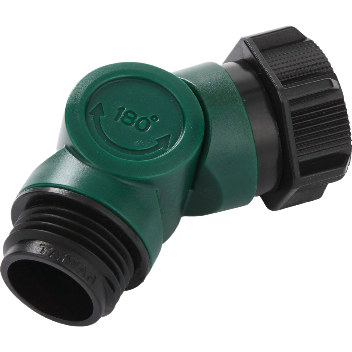 Green plastic 180-degree swivel hose connector with black threaded fittings for watering and irrigation tasks