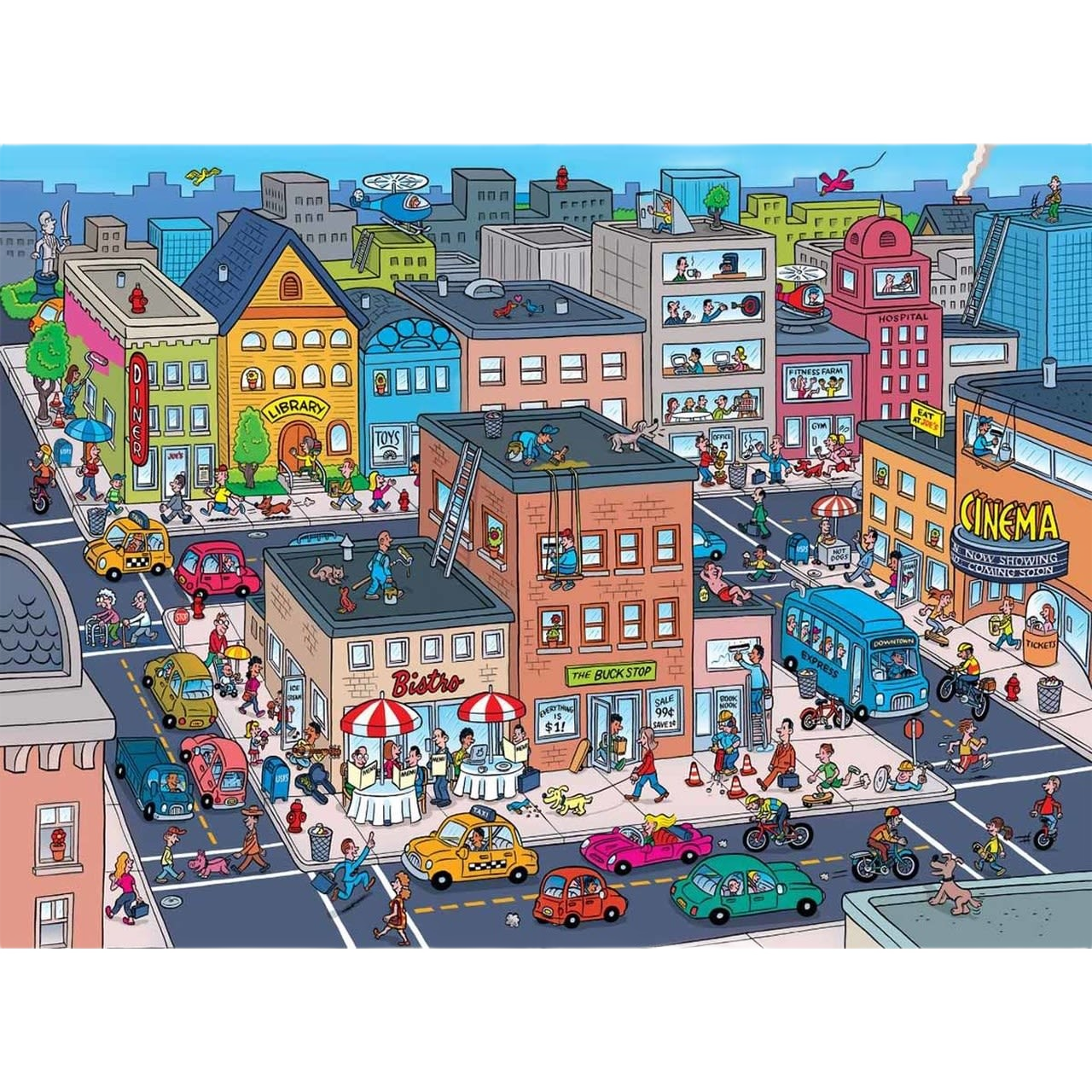 Illustrated busy town scene with colorful buildings, cars, people, and various everyday activities in vibrant detail