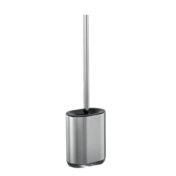 Silver stainless steel toilet brush with long handle and matching holder for bathroom cleaning and home care tools